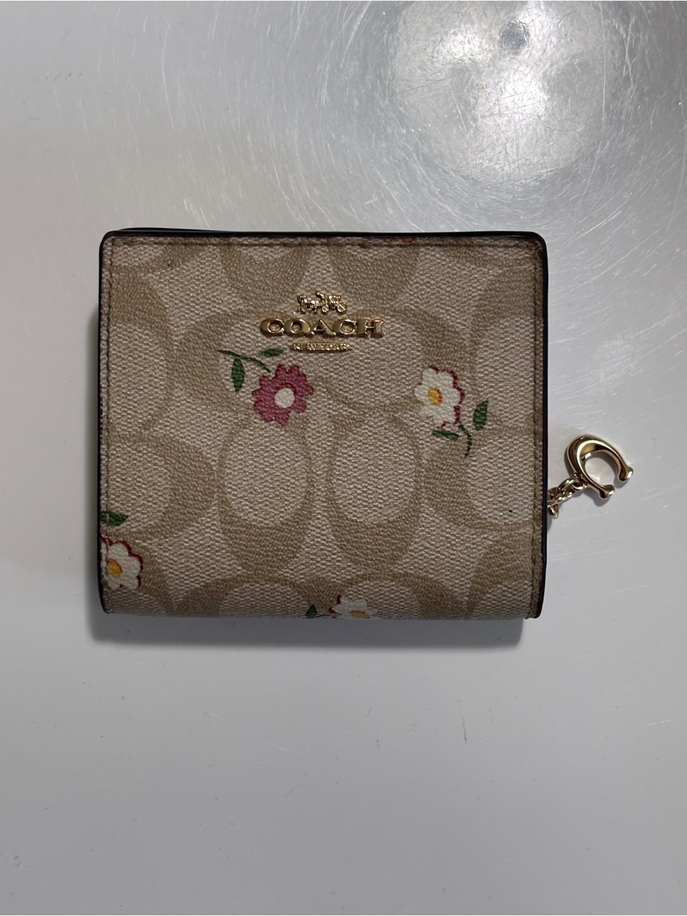 Coach CAR14 Floral Signature Canvas Small Snap Wallet Gold Sand Multi